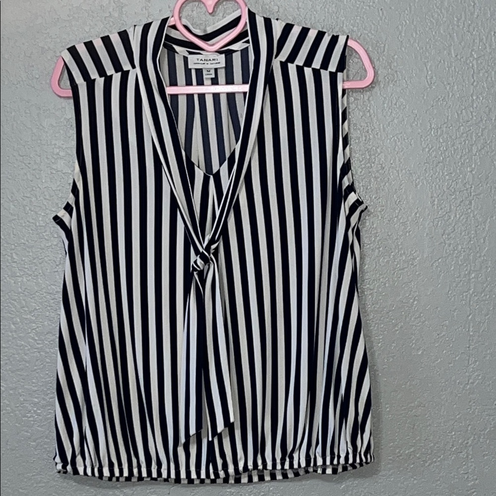 Tahari Navy Blue & White Vertical Stripe Tie-Front Sleeveless Top size M
